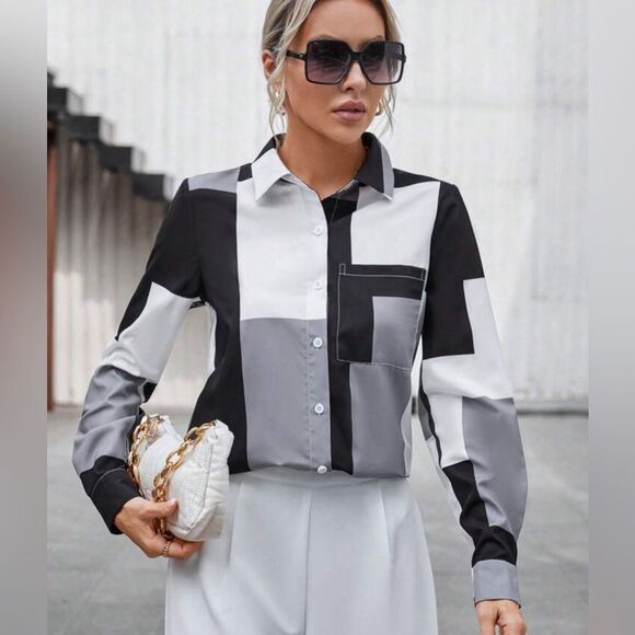 Black gray and white long sleeve color block button down shirt size XL - Picture 1 of 8